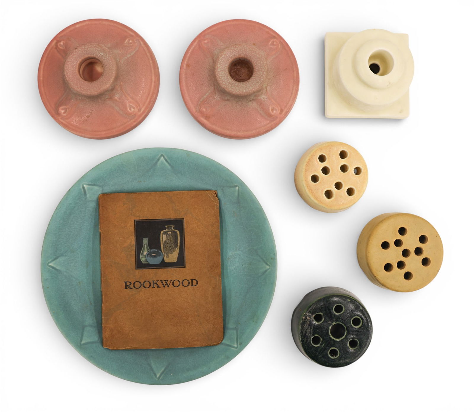 6pc Rookwood Assorted Small Pottery and Booklet: 6pc Rookwood Assorted Small Pottery and Booklet 3" to 9". Excellent condition.