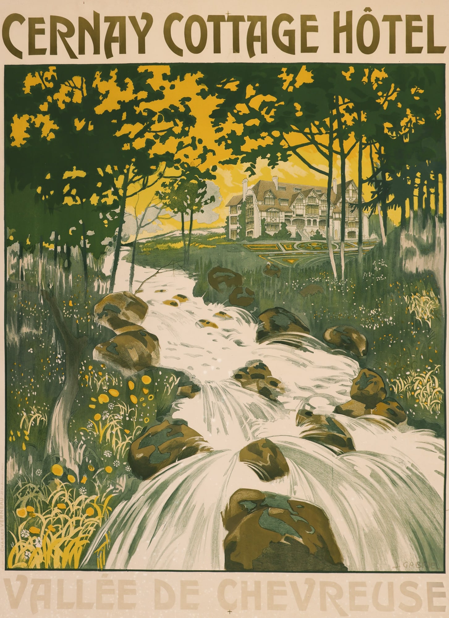 Antique Cernay Cottage Hotel French Poster by J. Gabriel: Antique Cernay Cottage Hotel French Poster by J. Gabriel 61"x45" Sheet. Professionally mounted to canvas 65.5"x49". Even fading throughout with pin holes to canvas margin corners.