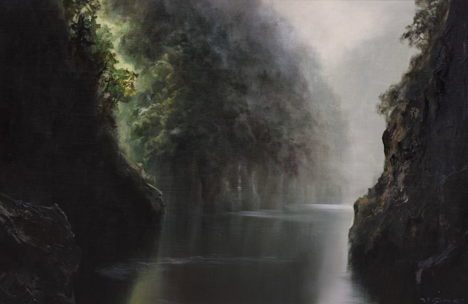 Mitsuzo Shimizu "River Gorge" Oil on Canvas: Mitsuzo Shimizu (1905-1986 California) "River Gorge" Oil on Canvas 24"x36" Image. Signed l.r. Ornate gallery framing with name placard 34"x45". Excellent condition. Artist also goes by Mitsuke.