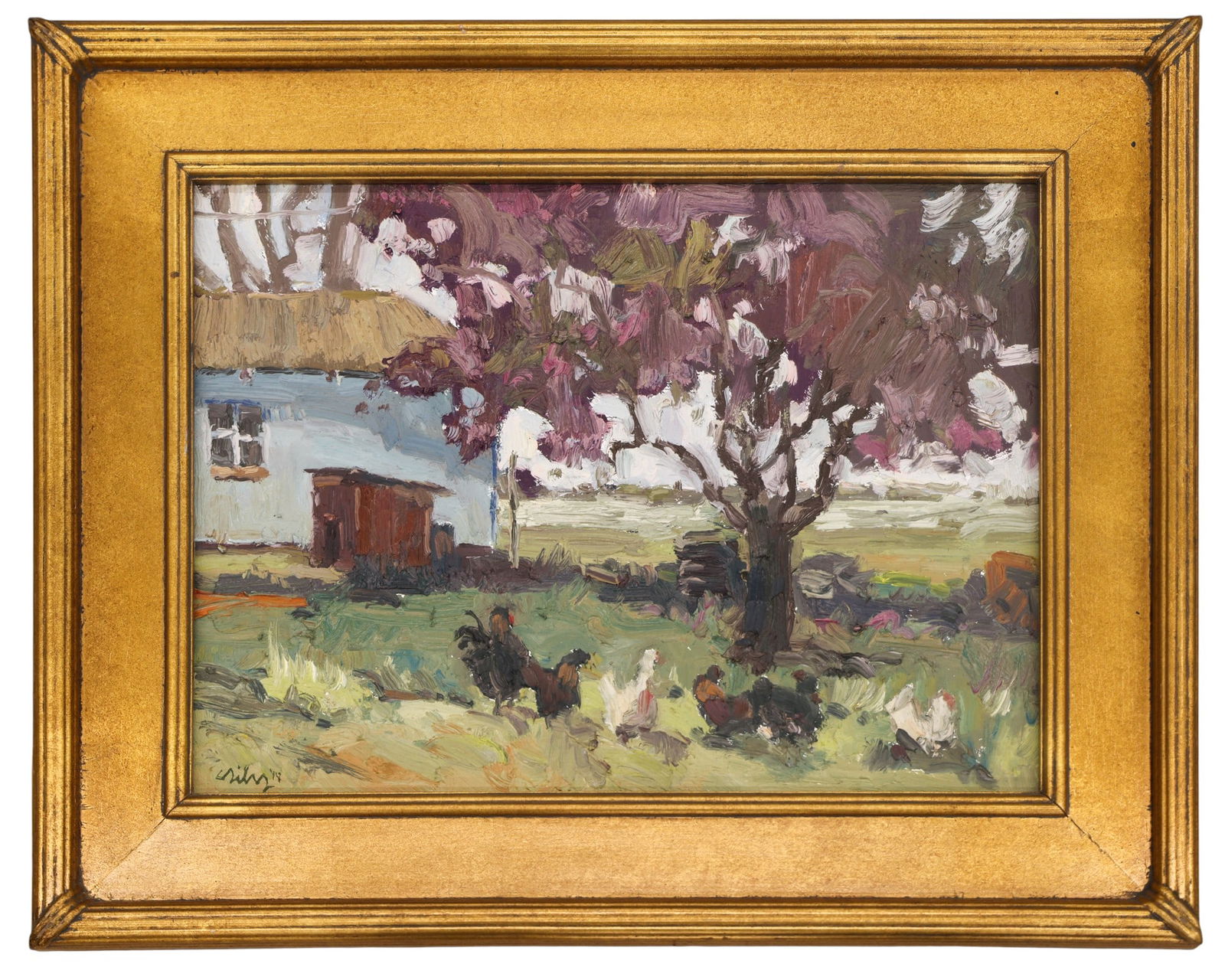 Silas Thompson "Clucks and Crabapples" Oil on Masonite - 2