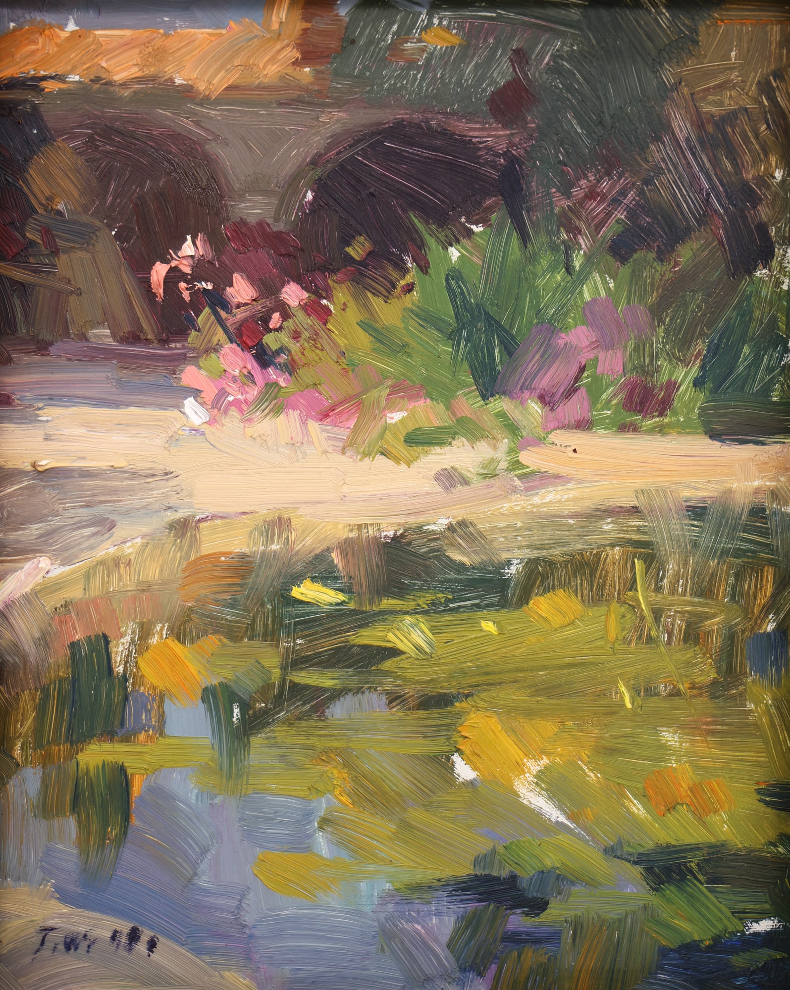 Jove Wang "Pond at San Juan Capistrano" 1999 Oil on Masonite: Jove Wang (b.1962 California) "Pond at San Juan Capistrano" 1999 Oil on Masonite 10"x8" Image. Initialed and dated lower left with photo of the artist affixed to verso. Ornate gilt gallery framing