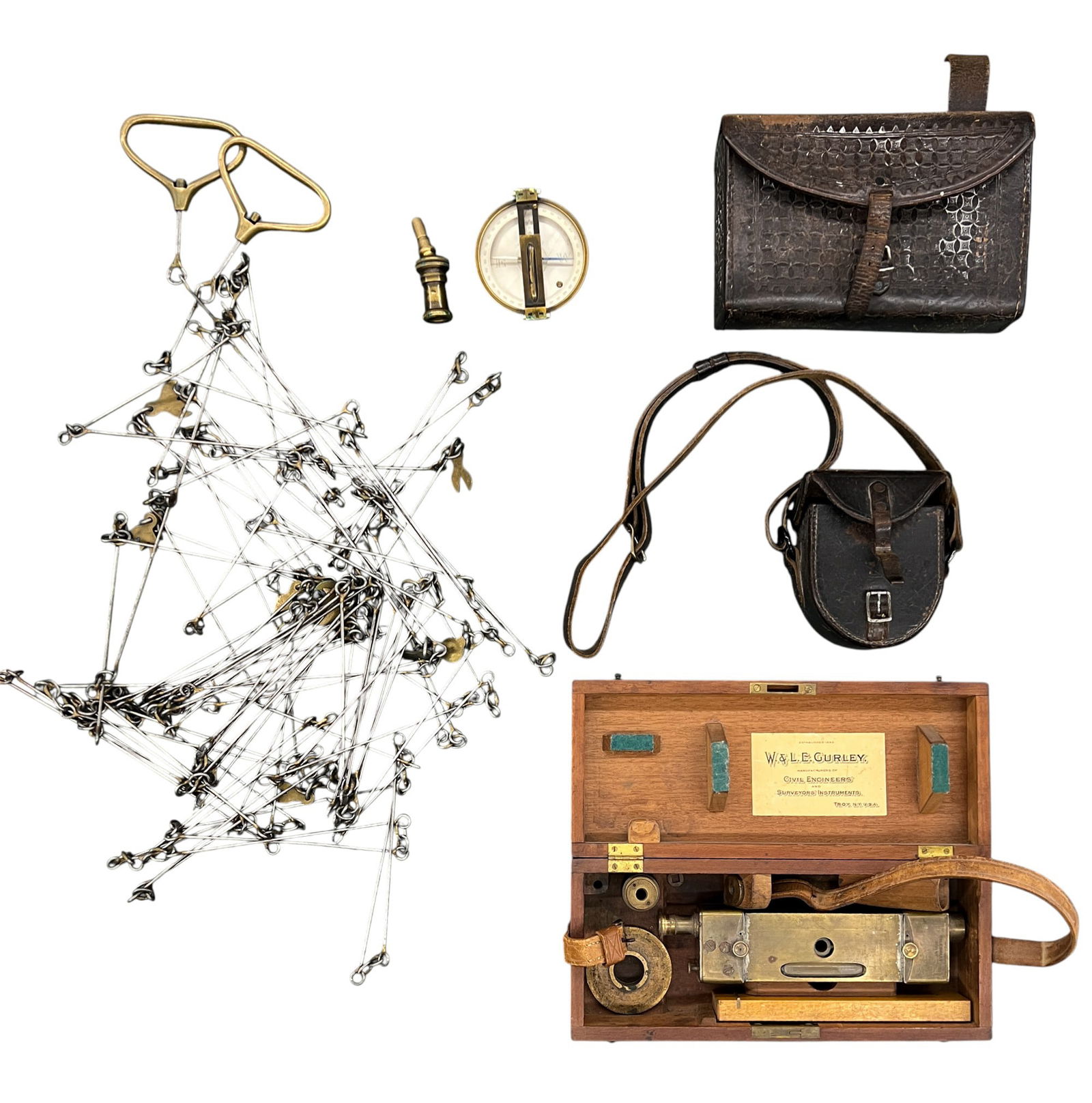3pc W. & L.E. Gurley Compass, Surveyor's Chain & Farmer's Level w/ Original Cases: 3pc W. & L.E. Gurley Compass, Surveyor's Chain & Farmer's Level w/ Original Cases
