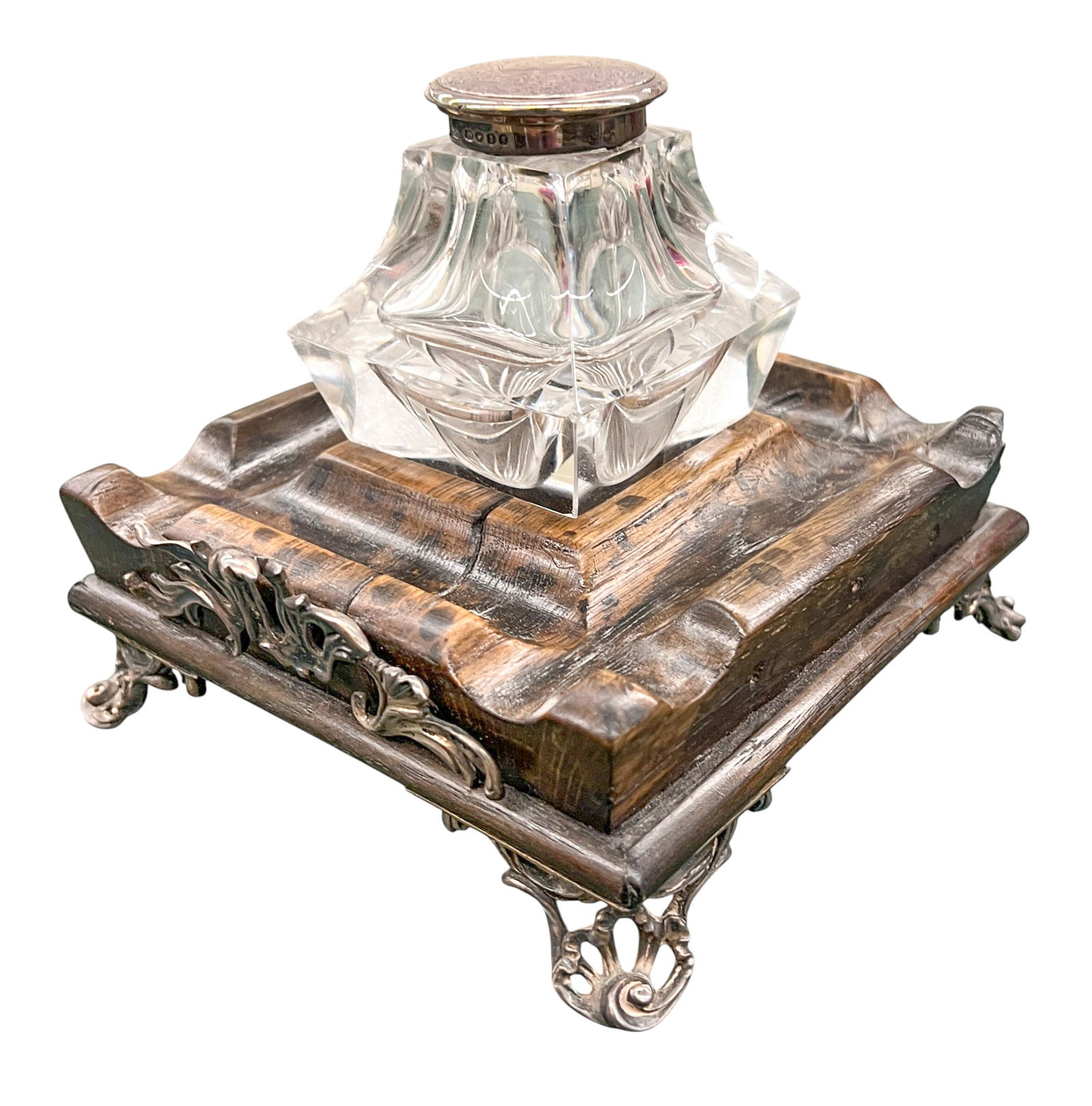 2pc Crystal Inkwell w/ English Sterling Lid & Sterling & Wood Base (1 of 5)