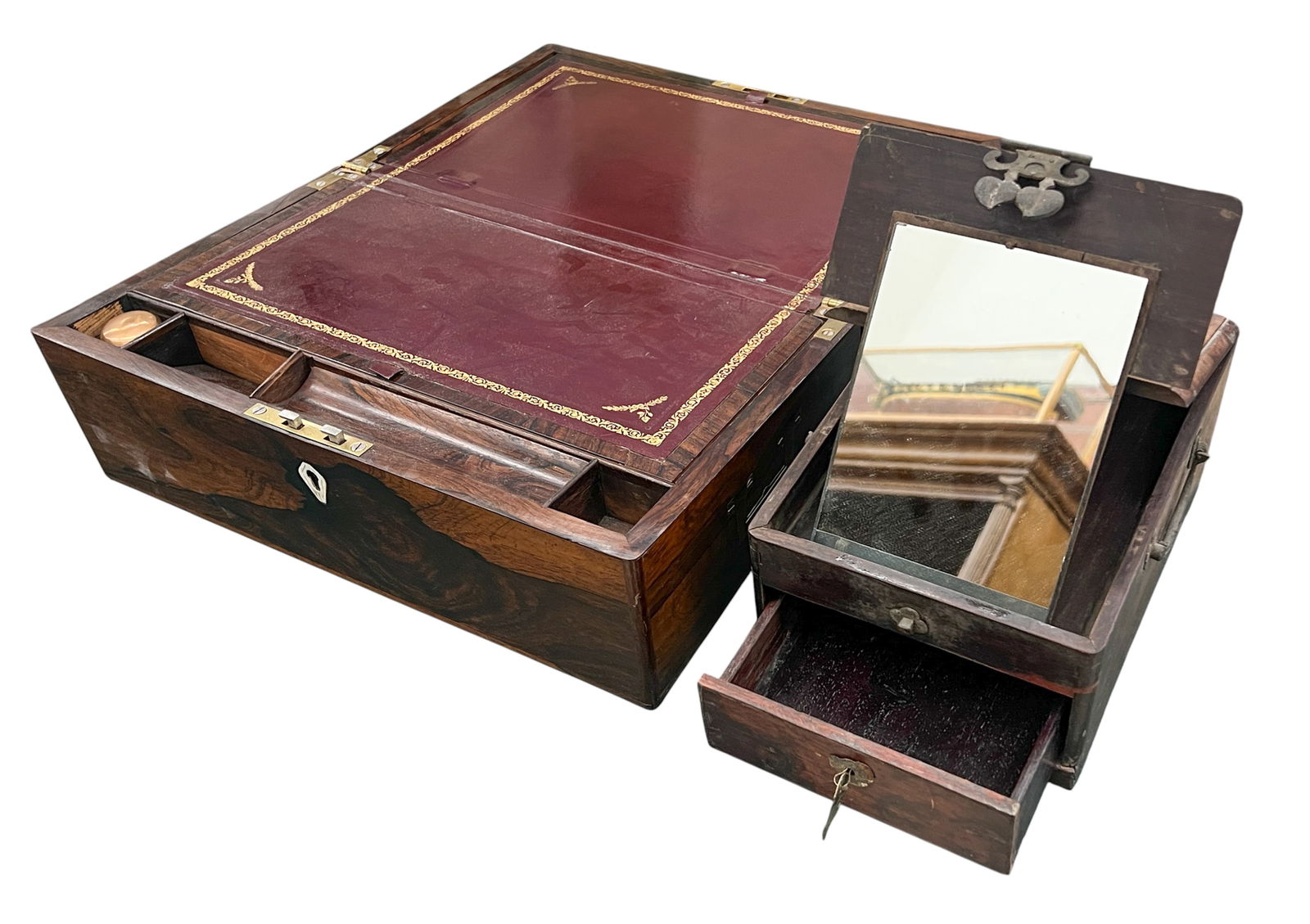 2pc Antique Lap Desk & Shaving Box: 2pc Antique Lap Desk & Shaving Box 9"x14"x5.5" Largest. Includes glass inkwell in lap desk.