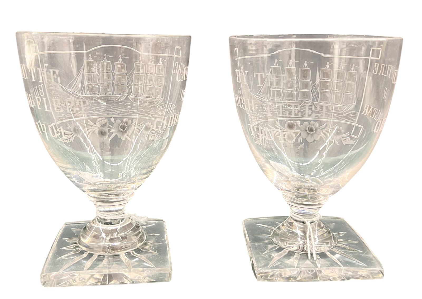 Pair "Capture of Gibraltar" Commemorative Crystal Goblets w/ Original Box - 2