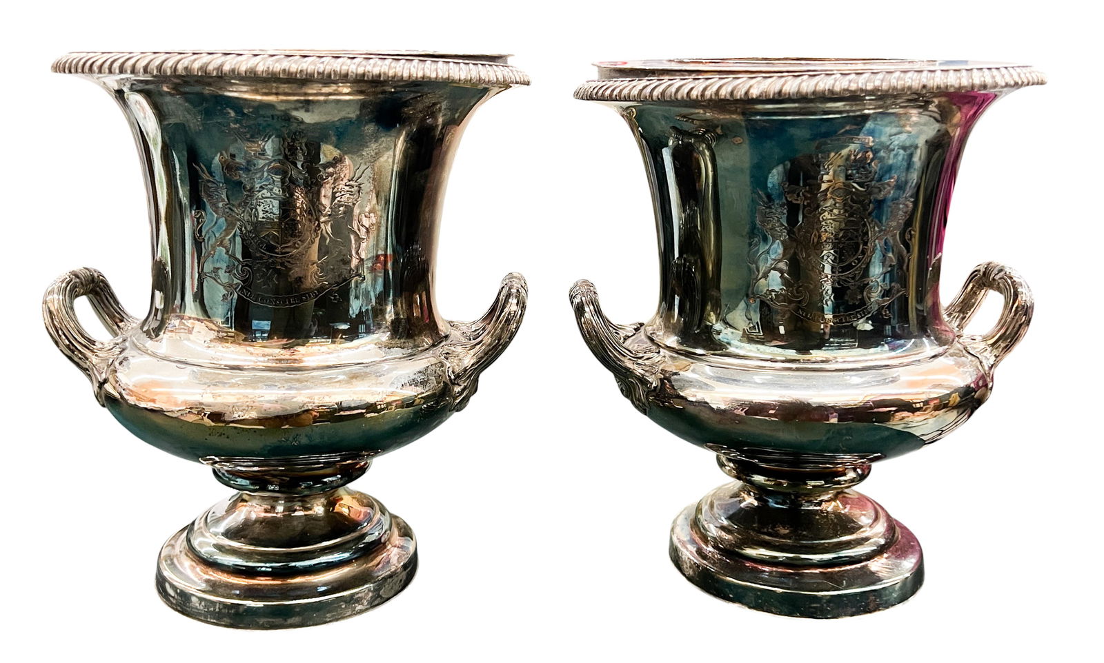 Pair Antique English Sheffield Silver Plated Champagne Cooler: Pair Antique English Sheffield Silver Plated Champagne Cooler 10" Each