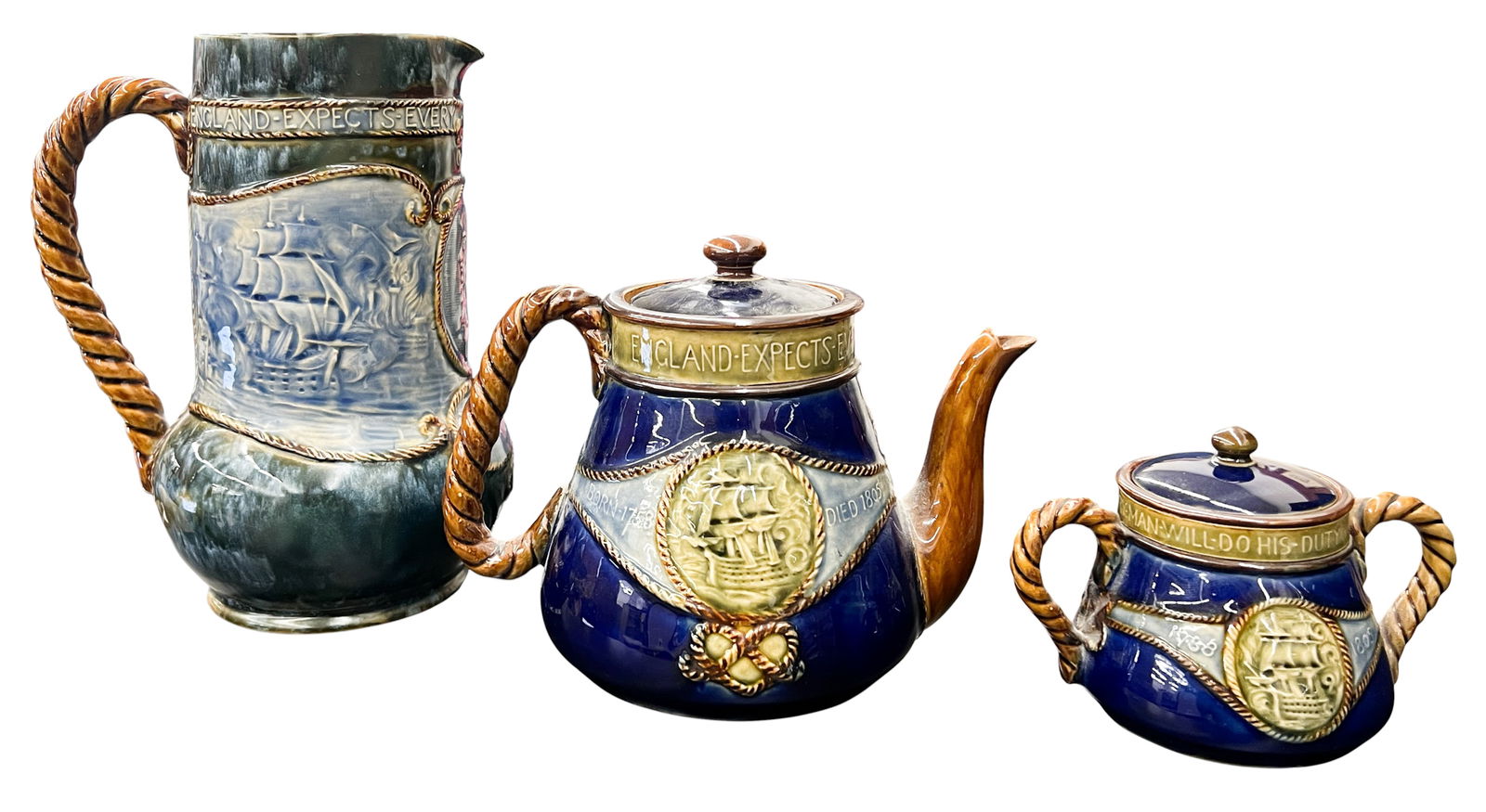 3pc Antique Royal Doulton Admiral Nelson Stoneware Teacup, Sugar Bowl, & Pitcher: 3pc Early 20th Cent. Royal Doulton Admiral Nelson Commemorative Stoneware Teacup, Sugar Bowl, & Pitcher 8" Tallest
