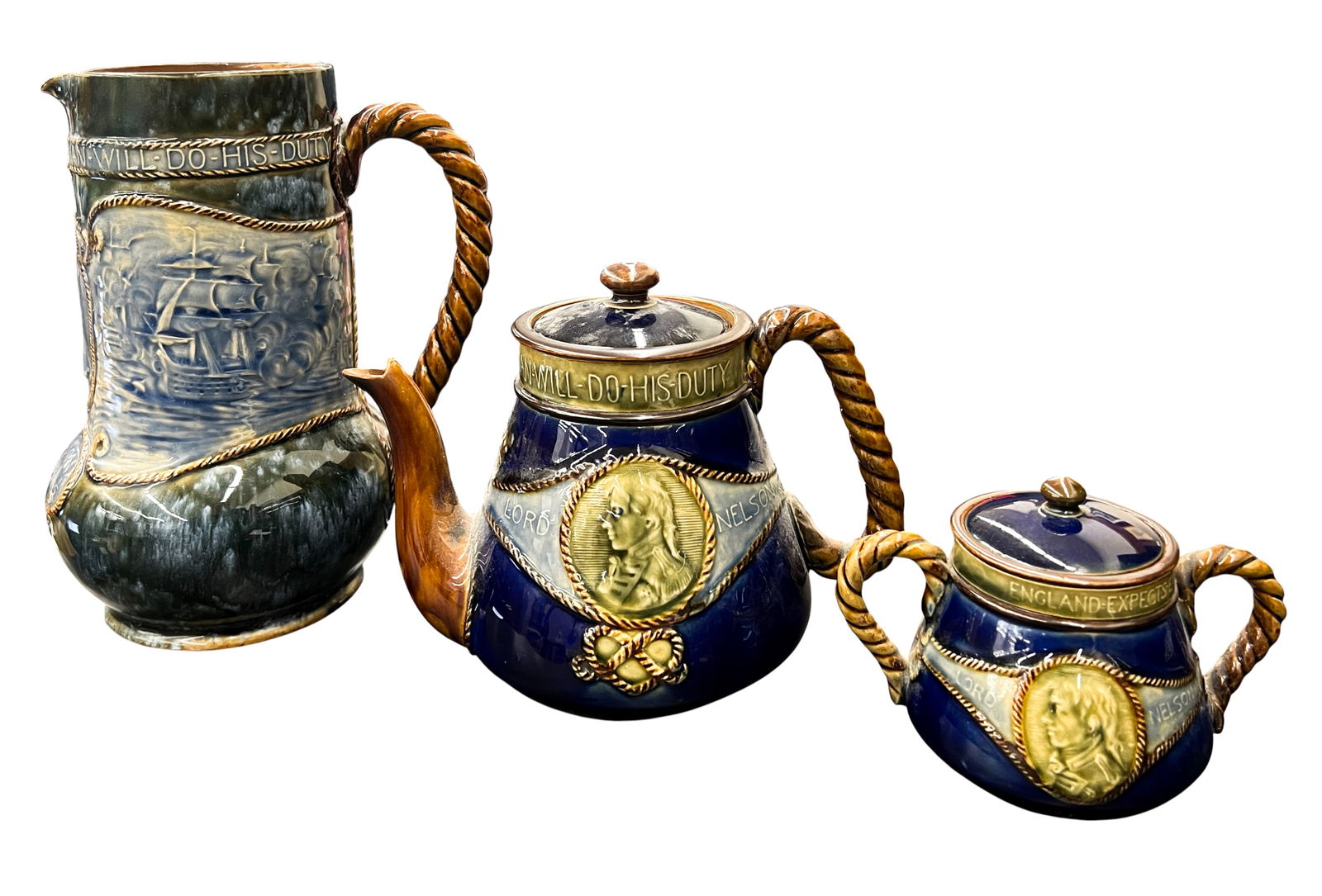 3pc Antique Royal Doulton Admiral Nelson Stoneware Teacup, Sugar Bowl, & Pitcher - 2