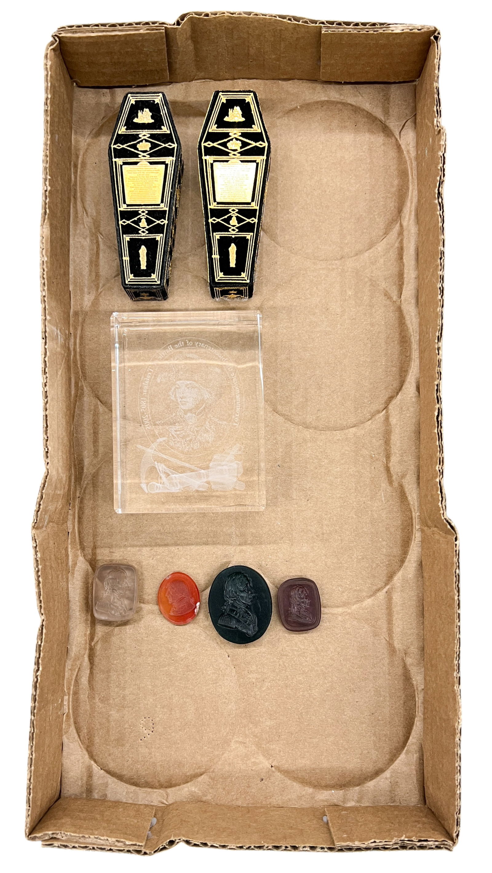 Box 7pc Admiral Nelson Intaglio Seals & Miniature Coffins etc.: Box 7pc Admiral Nelson Intaglio Seals & Miniature Coffins etc.