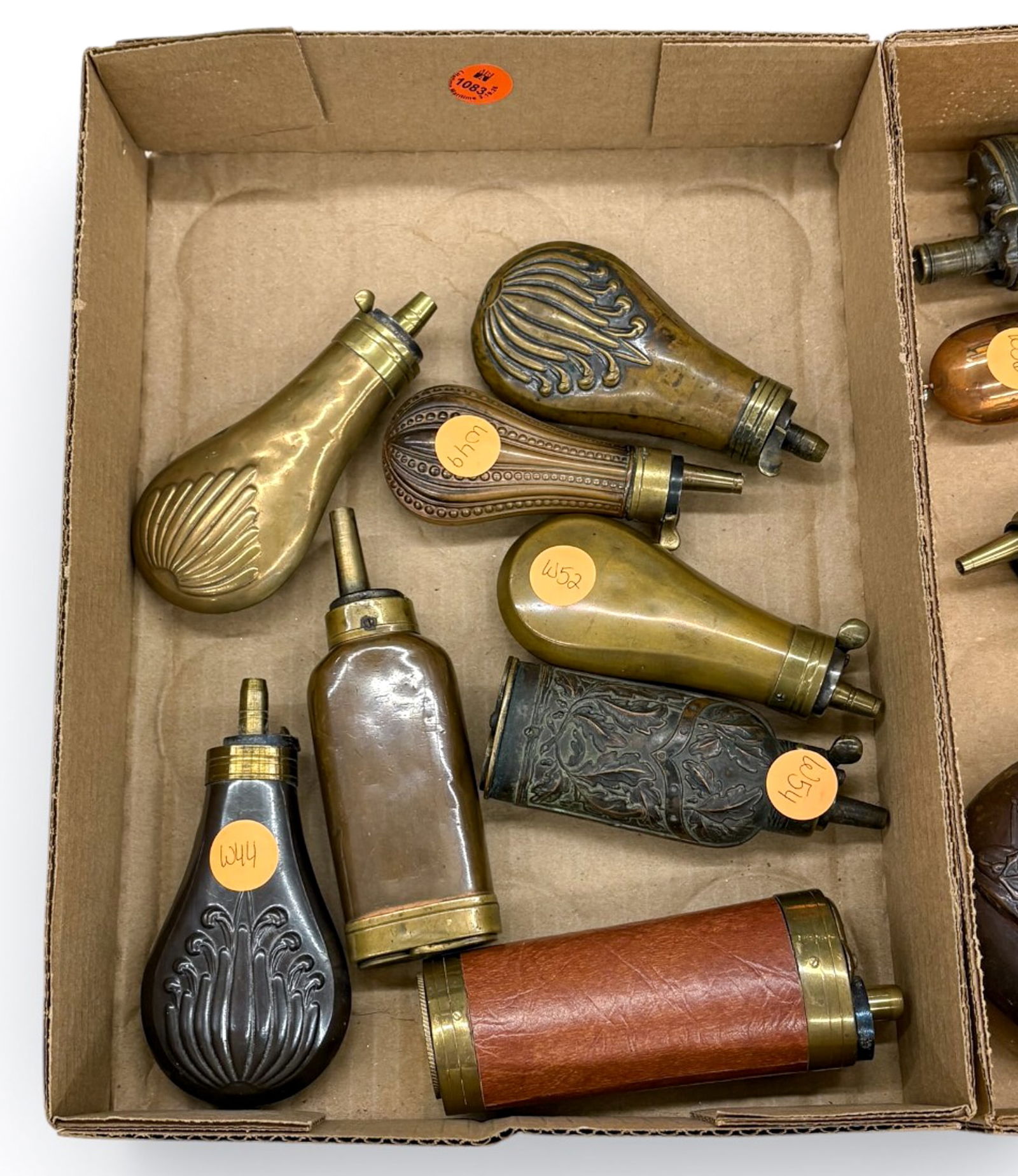 Box 8pc Assorted Antique Powder Flasks: Box 8pc Assorted Antique Powder Flasks