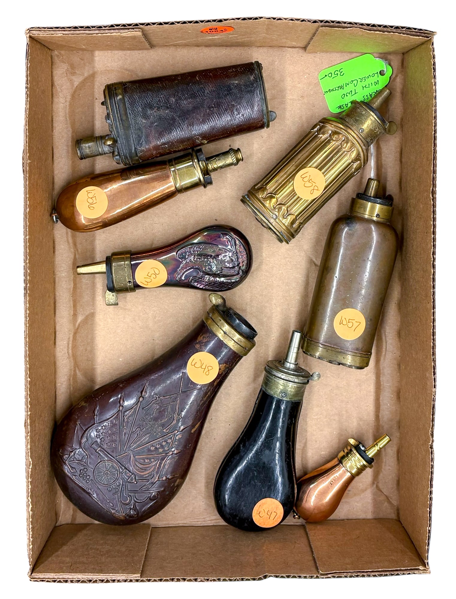 Box 8pc Assorted Antique Powder Flasks: Box 8pc Assorted Antique Powder Flasks