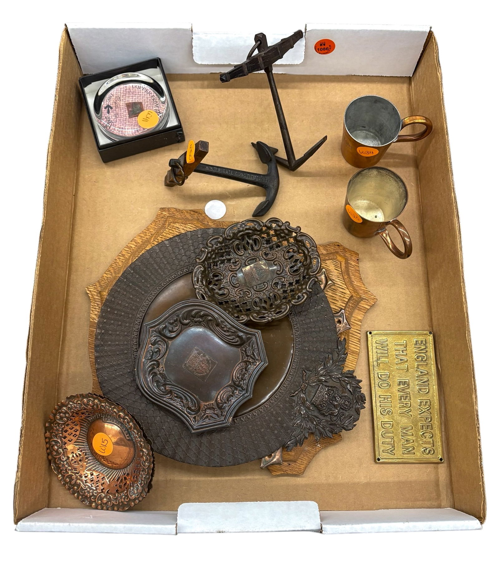 Box Antique Copper Plaques, Cups, Bowls, etc.: Box Antique Salvaged Copper Plaques, Cups, Bowls, etc. Includes materials from HMS Victory, HMS Foudroyant, HMS Royal George, USS Constitution, & Spanish Cruisers Viscaya & Almirante Oquendo