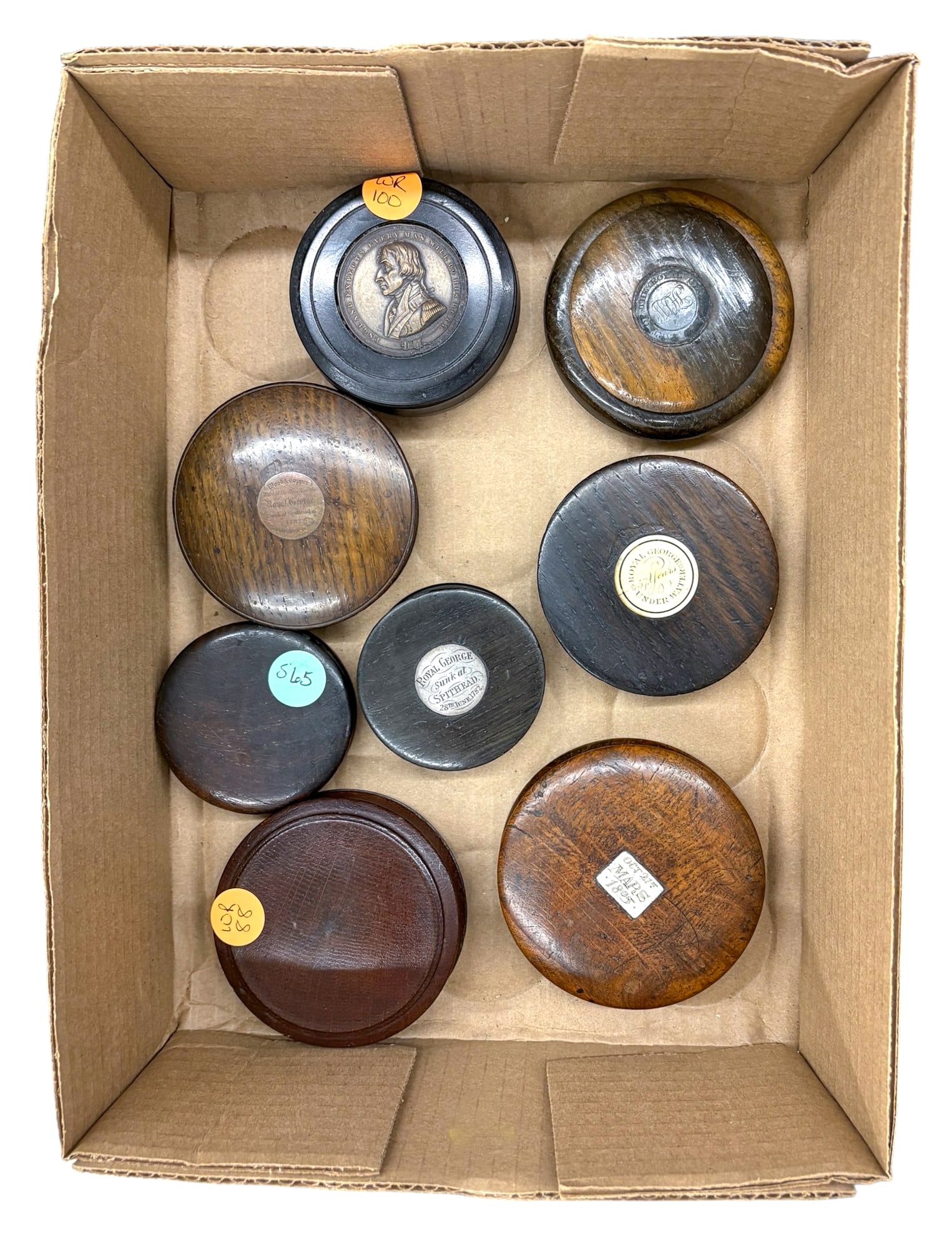 Box 8pc Antique Round Wood Snuff Boxes: Box 8pc Antique Round Wood Snuff Boxes. Includes boxes made from wood of HMS Royal George