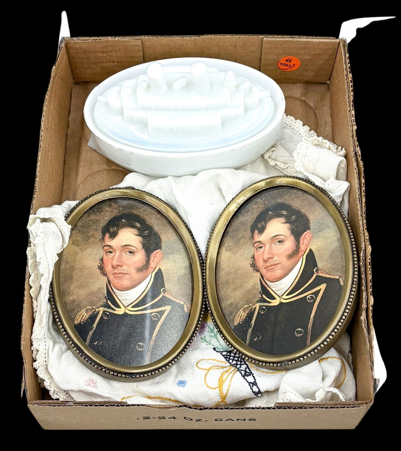 Box 4pc Milk Glass USS Oregon Covered Dish & Admiral Nelson Portraits etc.: Box 4pc Milk Glass USS Oregon Covered Dish & Admiral Nelson Portraits etc.