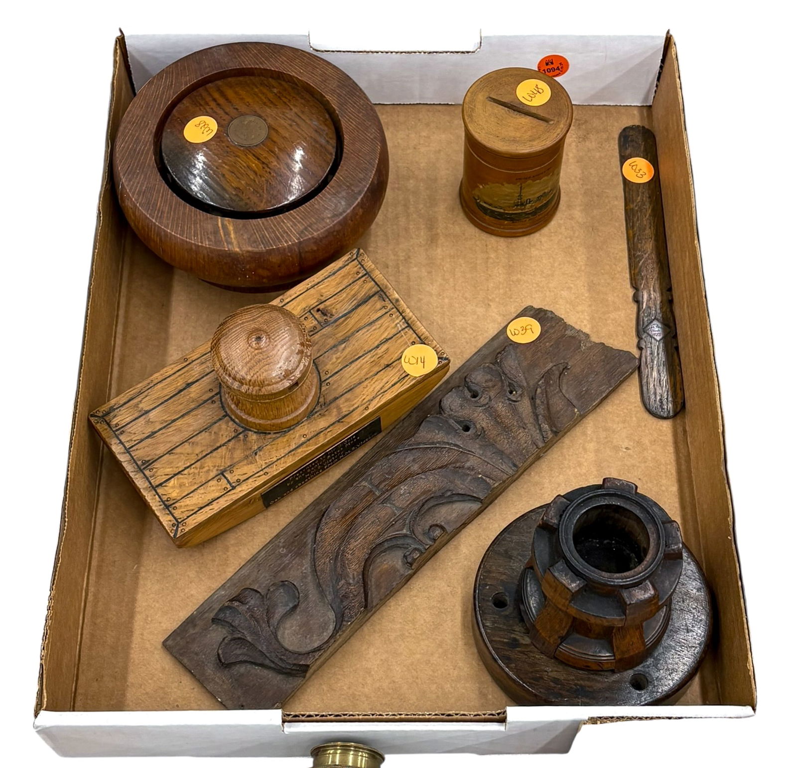 Box 6pc Wood Candlestick Holder, Coin Bank, Lidded Bowl etc.: Box 6pc Wood Candlestick Holder, Coin Bank, Lidded Bowl etc. Includes pieces made from the wood of HMS Victory & HMS Royal George