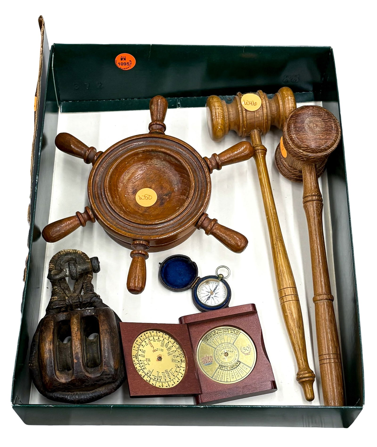 Box 6pc Antique Pulley Snatch Block, Miniature Ship's Wheel, Gavels, Compass, etc.: Box 6pc Antique Pulley Snatch Block, Miniature Ship's Wheel, Gavels, Compass, etc. Includes pieces made from the wood of USS Oregon