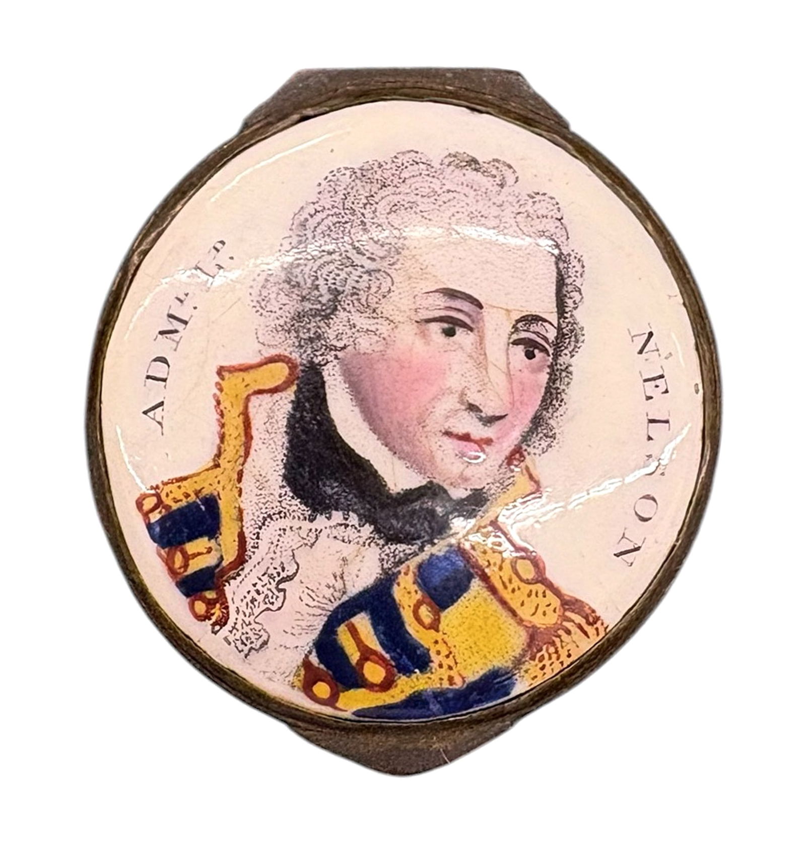 Antique Admiral Nelson Portrait Battersea Enameled Patch Box: Antique Admiral Nelson Battersea Portrait Battersea Enameled Patch Box 1". Water damage to interior mirror.