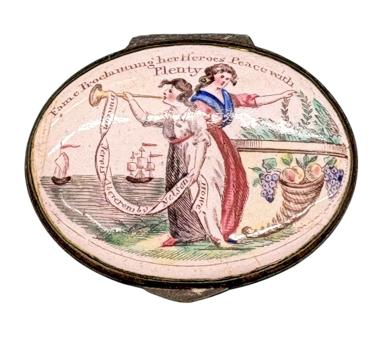 Antique Admiral Nelson Battersea Enameled Patch Box: Antique "Fame Proclaiming Her Heroes Peace with Plenty" Admiral Nelson Battersea Enameled Patch Box 1"