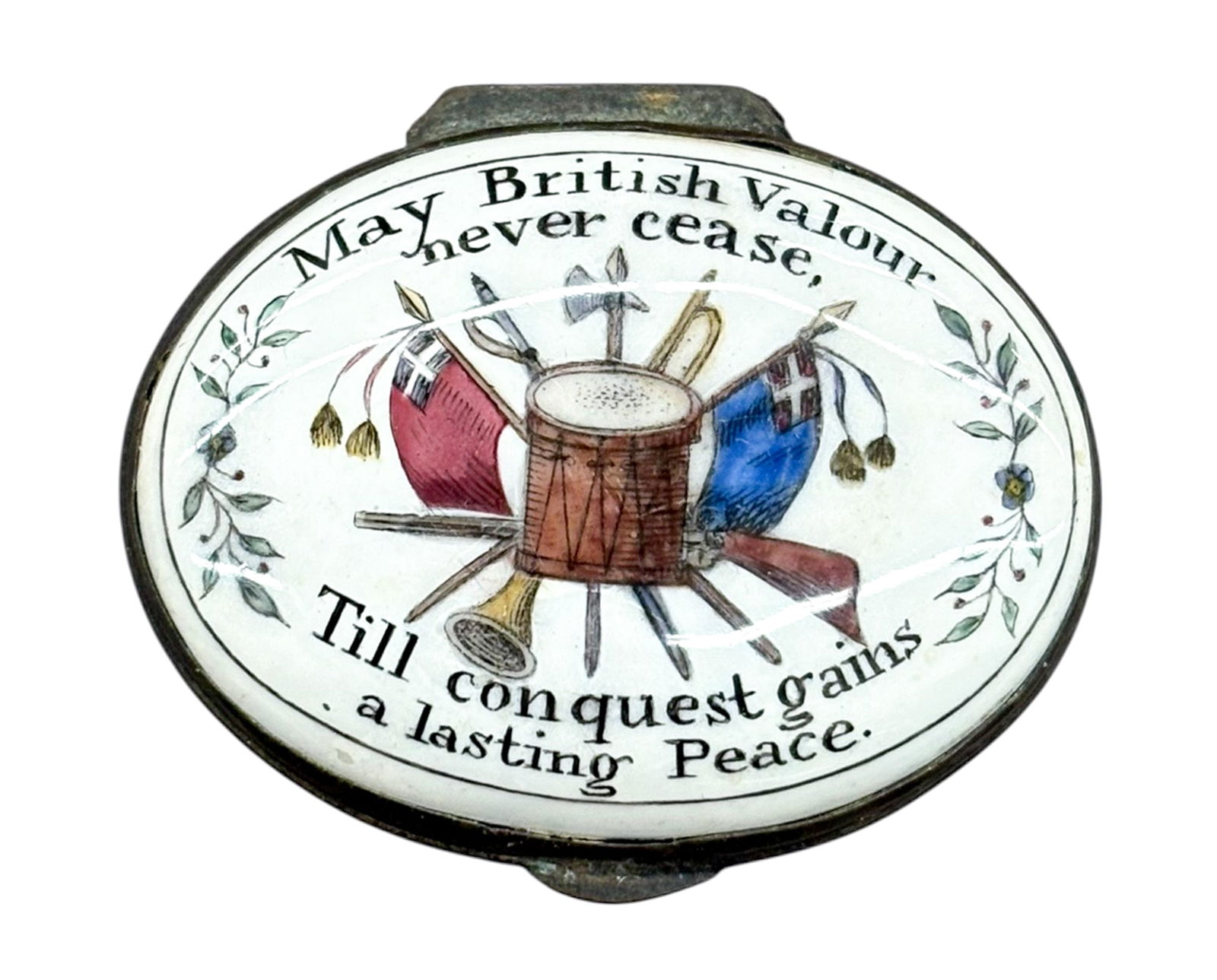 Antique "May British Valour Never Cease" Battersea Enameled Patch Box: Antique "May British Valour Never Cease" Battersea Enameled Patch Box 1"