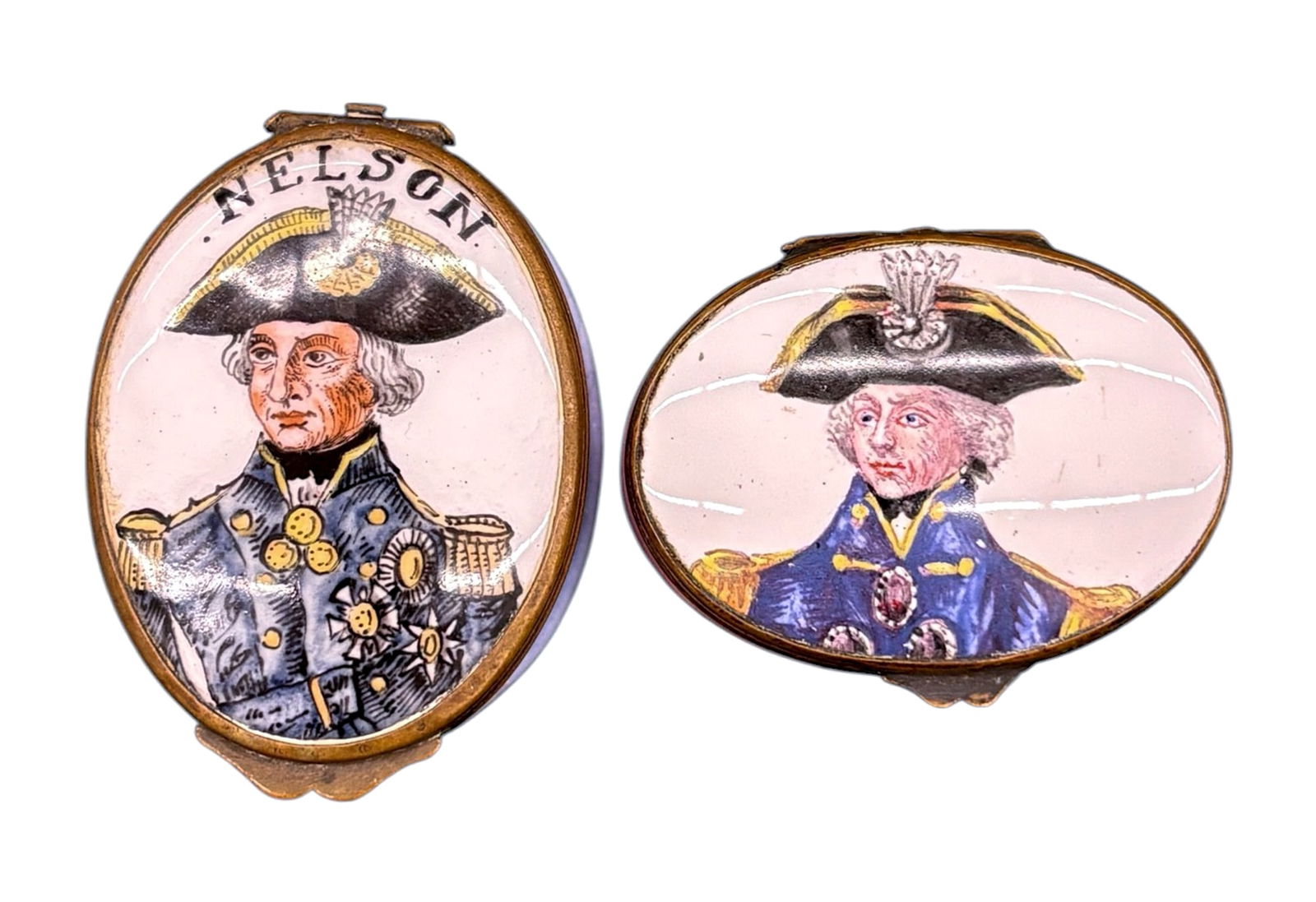 2pc Antique Admiral Nelson Battersea Enameled Boxes: 2pc Antique Admiral Nelson Battersea Enameled Boxes. 1" each
