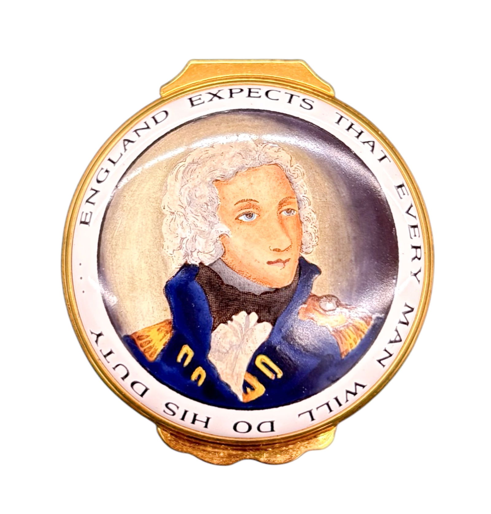 Halcyon Days Admiral Nelson Portrait Enameled Box: Halcyon Days Admiral Nelson Portrait Enameled Box. 1" with original box.