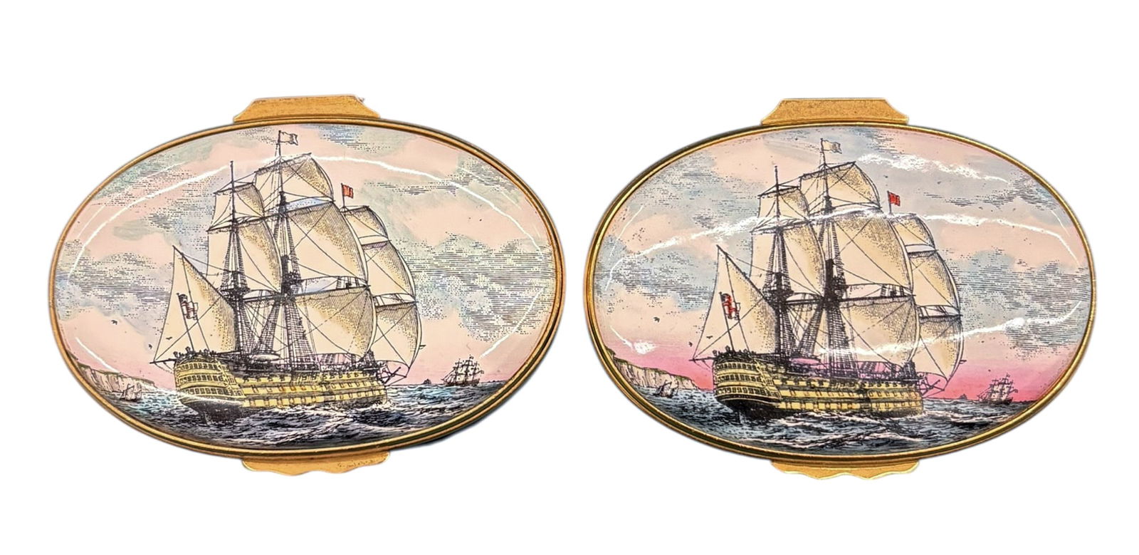 2pc Halcyon Days & Bilston Battersea HMS Victory Enameled Boxes: 2pc Halcyon Days & Bilston Battersea HMS Victory Enameled Boxes. 1" each