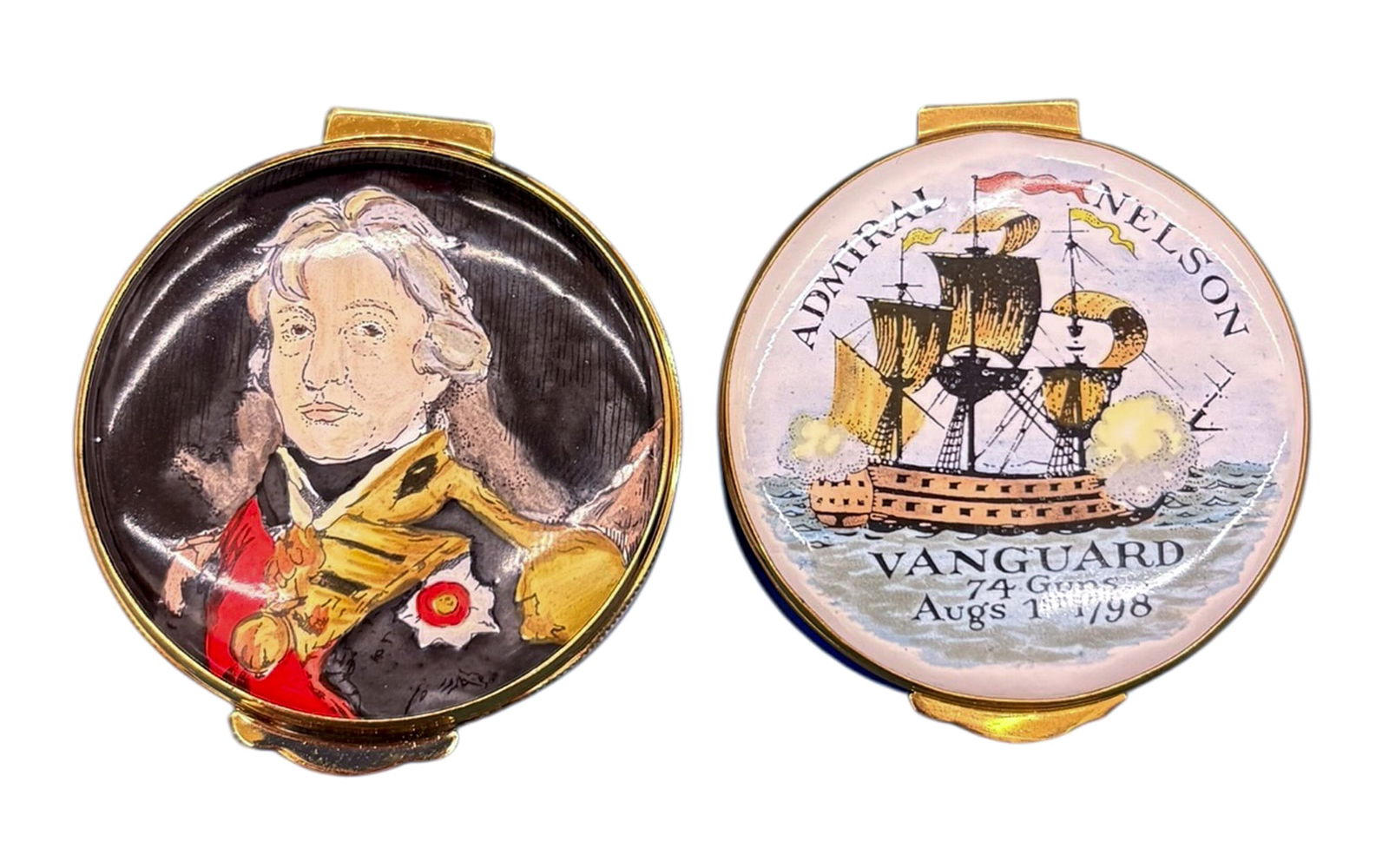 2pc Admiral Nelson Enameled Boxes: 2pc Admiral Nelson Enameled Boxes. 1" each