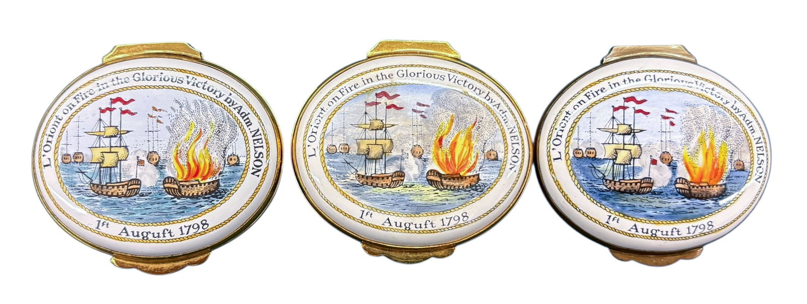 3pc. Crummles & Co. Admiral Nelson Enameled Boxes: 3pc. Crummles & Co. Admiral Nelson Enameled Boxes. 1" each.