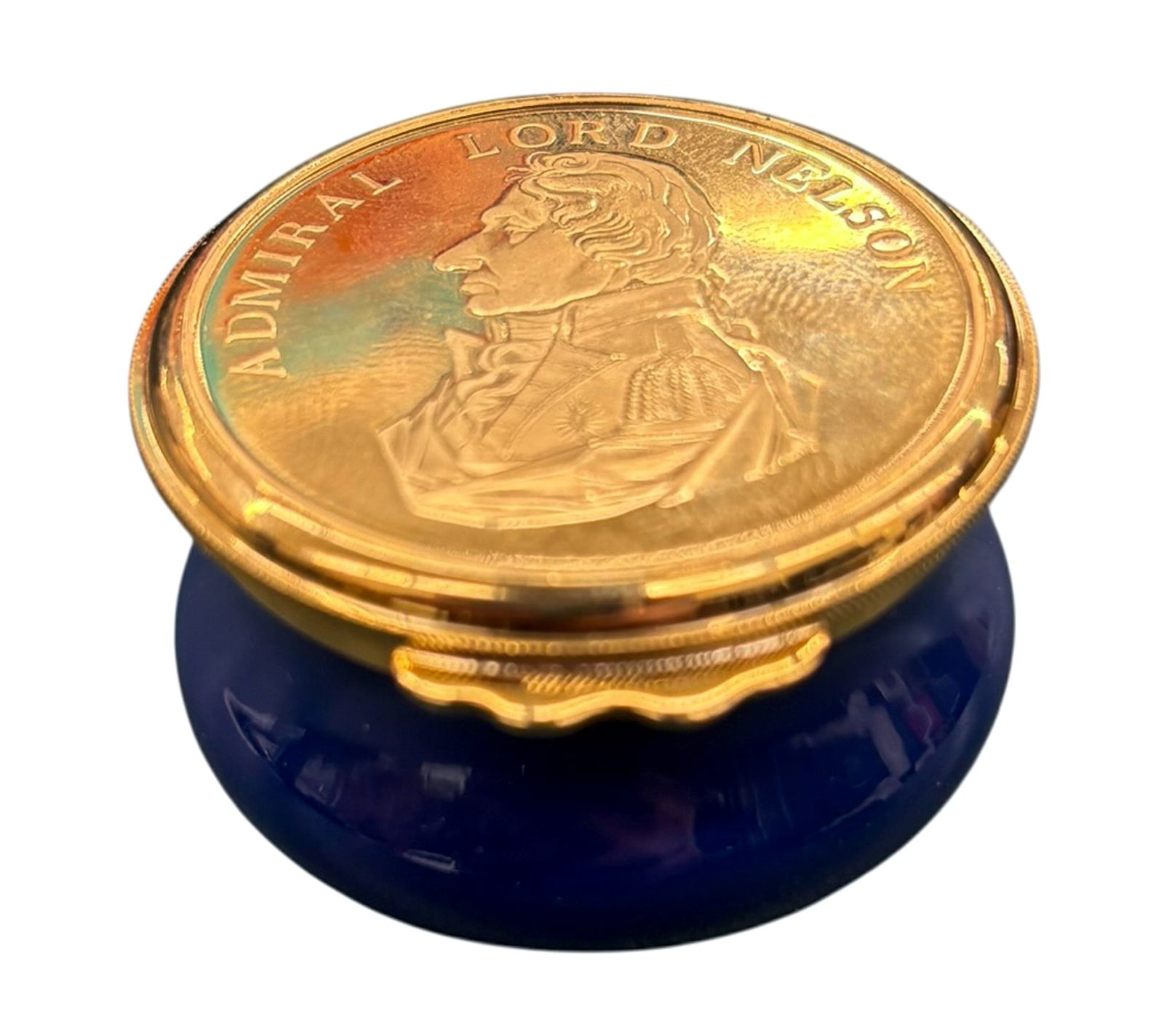 Admiral Nelson Enameled Box with Gold Plated Lid: Admiral Nelson Enameled Box with Gold Plated Lid. 1" with original box.