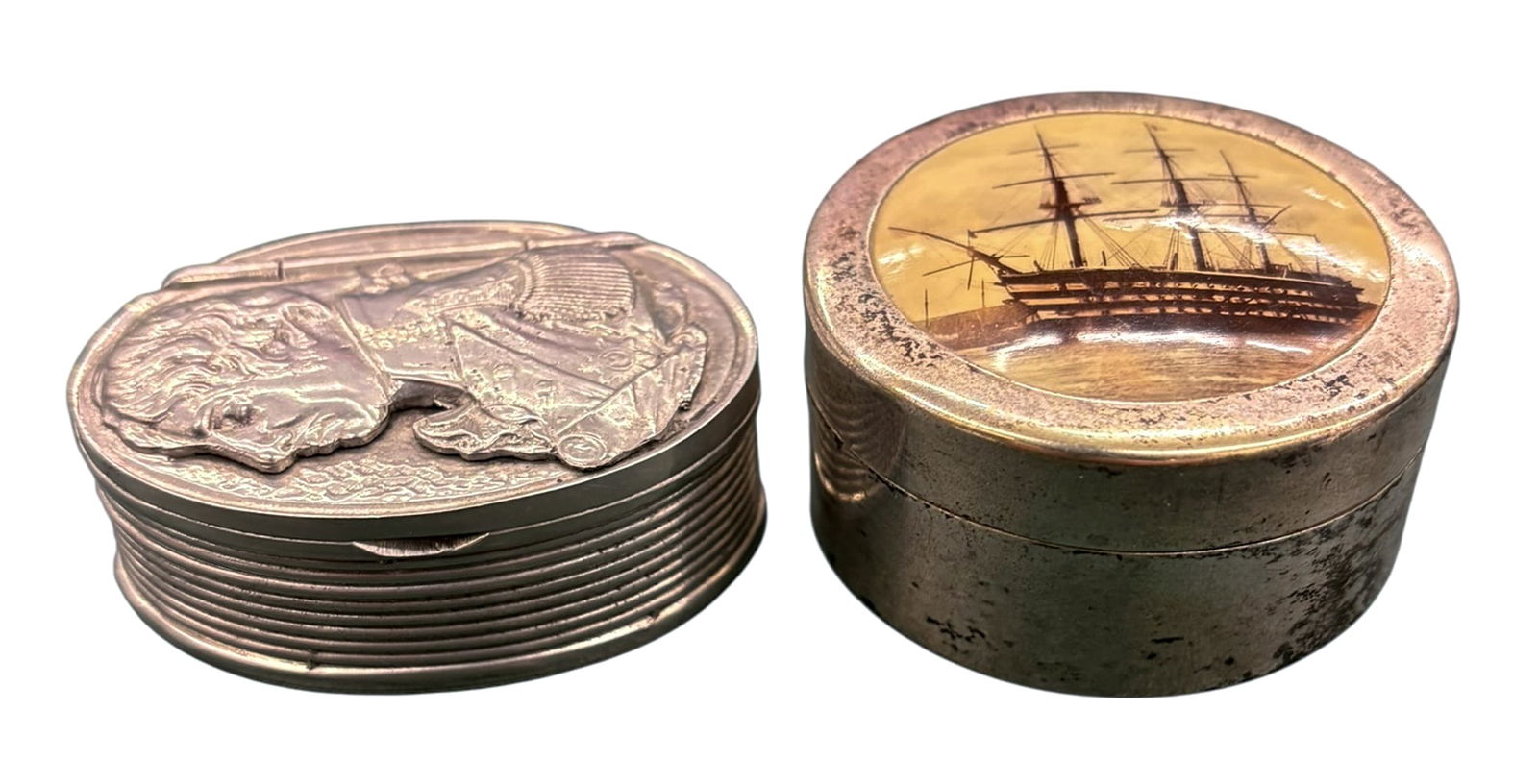 2pc Admiral Nelson Pewter and Silver Plated Snuff Boxes - 2