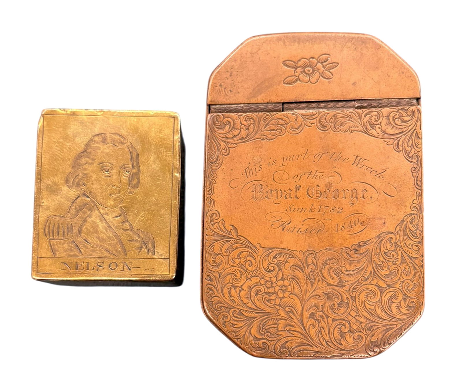 2pc Admiral Nelson Brass Match Safes: 2pc Admiral Nelson Brass Match Safes. 1"x3"x2" largest