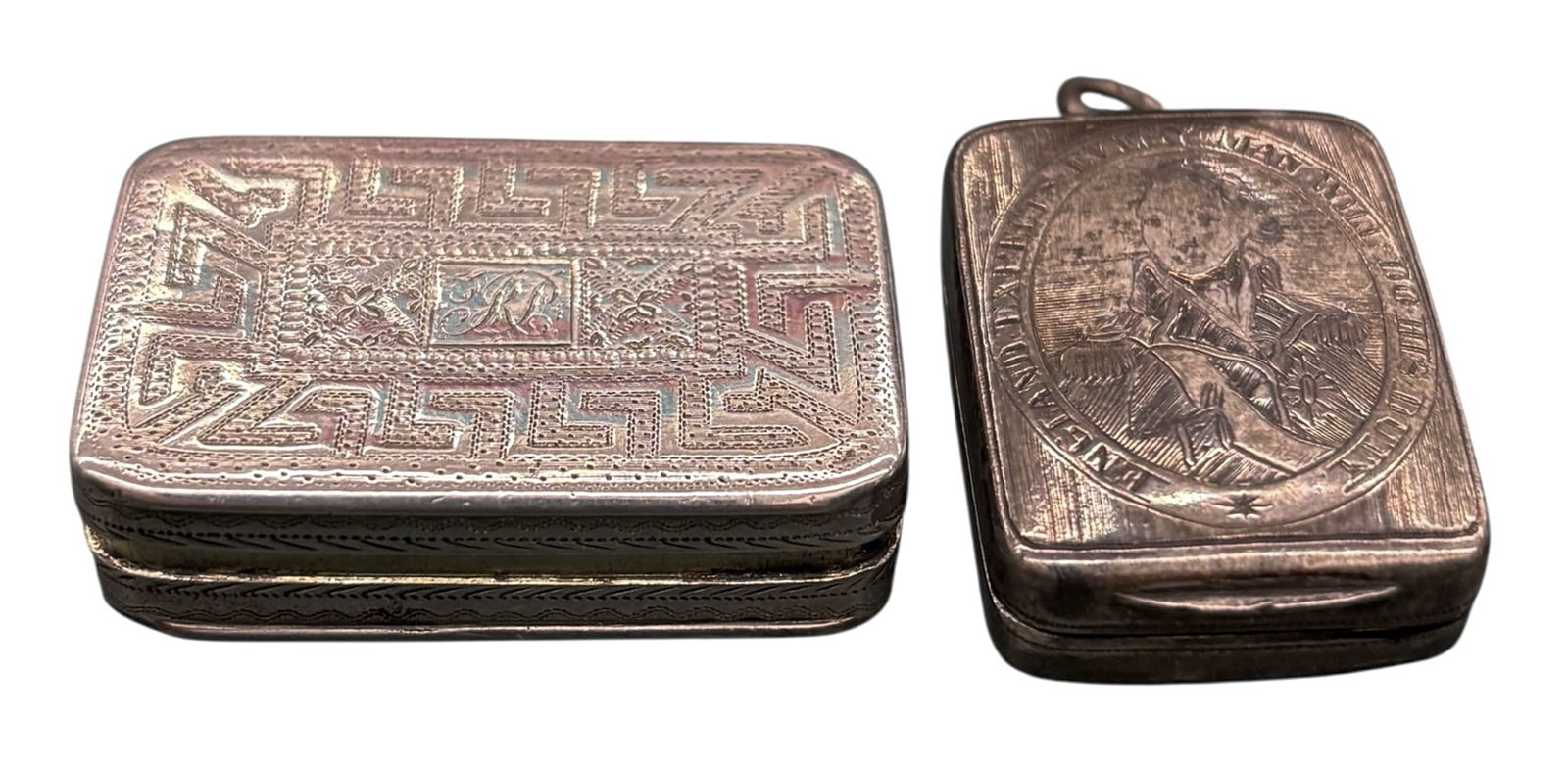 2pc Antique Admiral Nelson Georgian Sterling Silver Vinaigrette Box - 2