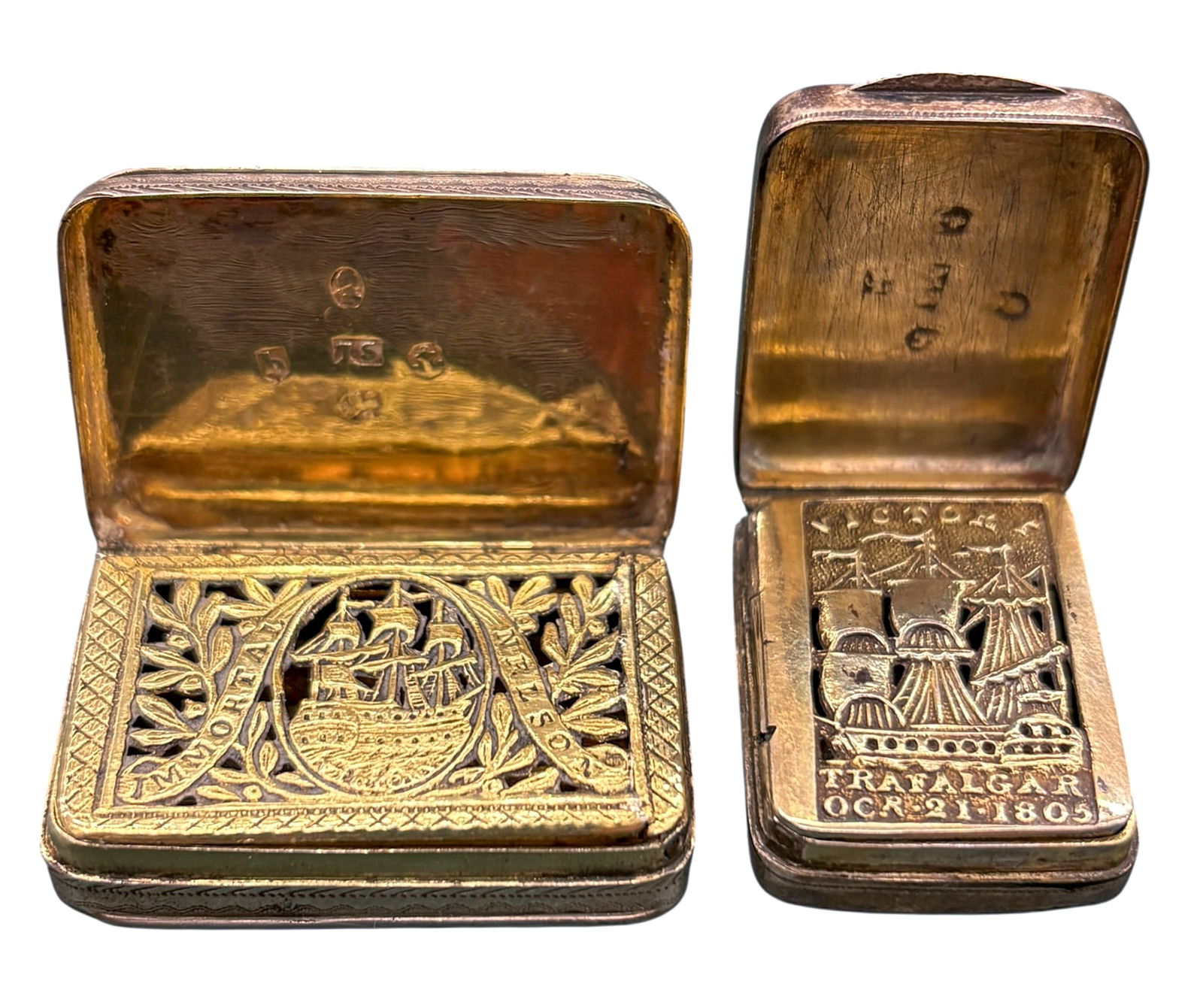 2pc Antique Admiral Nelson Georgian Sterling Silver Vinaigrette Box - 4