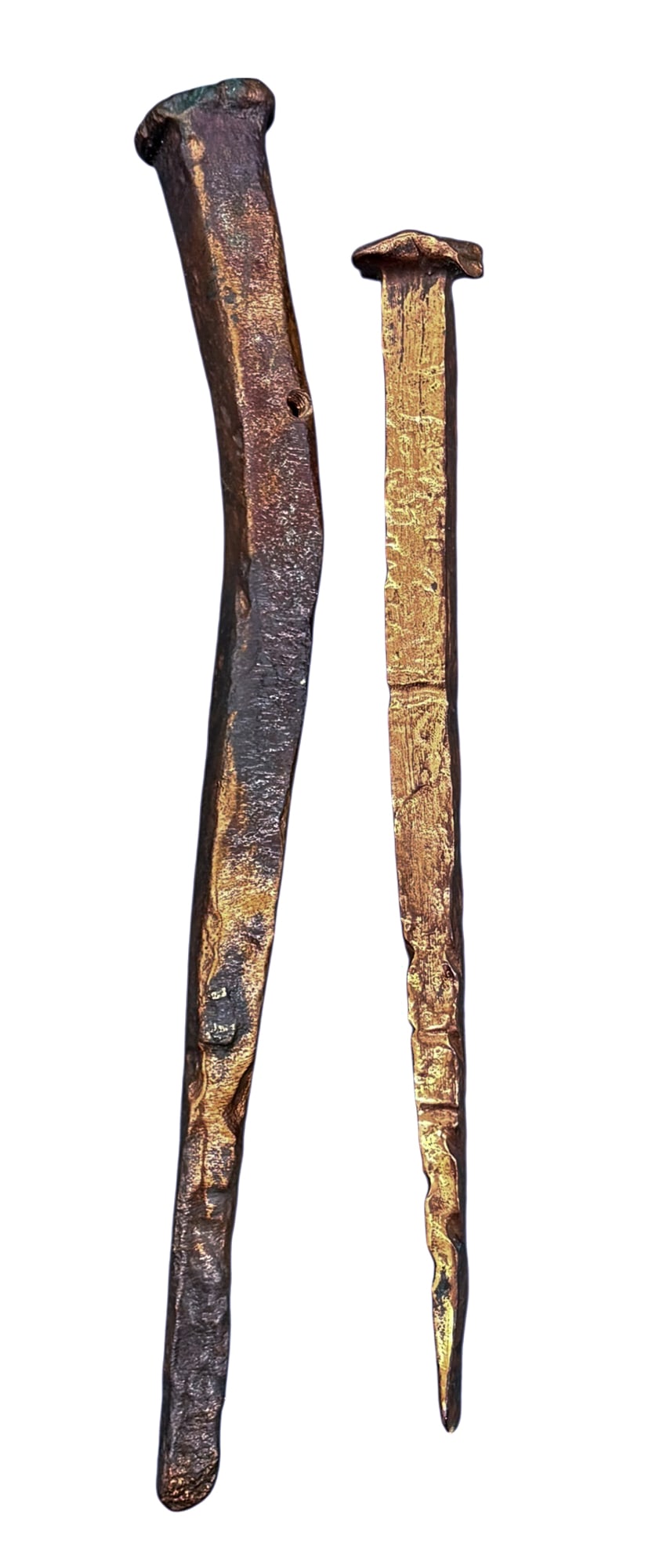 2pc Antique Copper Ship Spikes: 2pc Antique Copper Ship Spikes. One is marked from the HMS Colossus. 8.5" largest