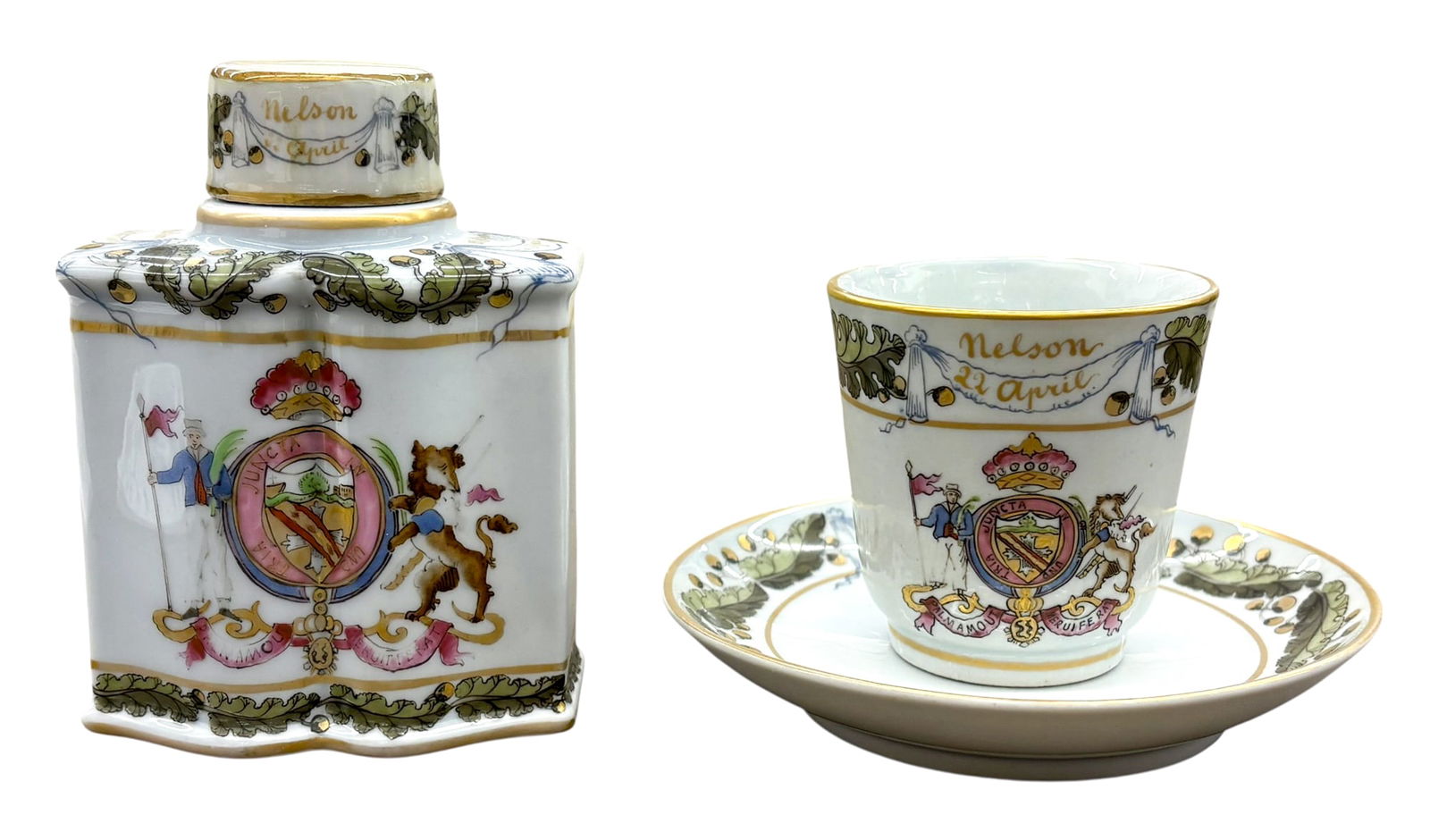 2pc Antique Admiral Nelson Tea Caddy & Cup and Saucer: 2pc Antique Admiral Nelson Tea Caddy & Cup and Saucer. Largest 5"h.x4"x2.5"
