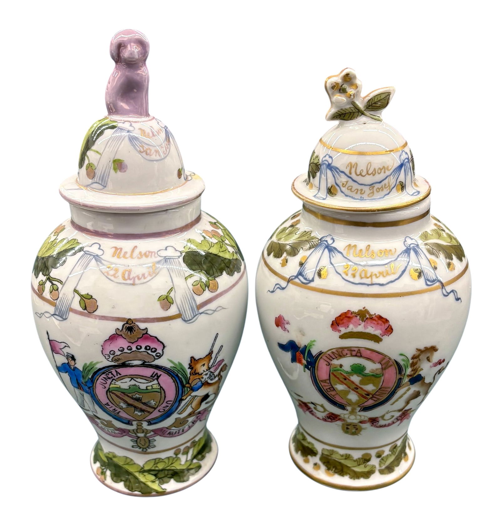 2pc Antique Admiral Nelson Porcelain Urns: 2pc Antique Admiral Nelson Porcelain Urns. 6.5"h