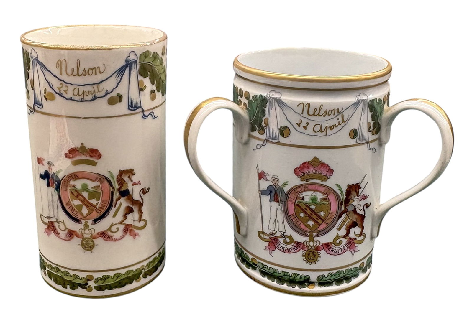 2pc Antique Admiral Nelson Porcelain Tyg and Mug: 2pc Antique Admiral Nelson Porcelain Tyg and Mug. 6"h