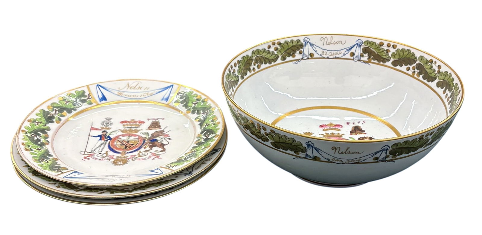 4pc Antique Admiral Nelson Porcelain Serving Bowl and Plates: 4pc Antique Admiral Nelson Porcelian Serving Bowl and Plates. 4"hx10dia largest.