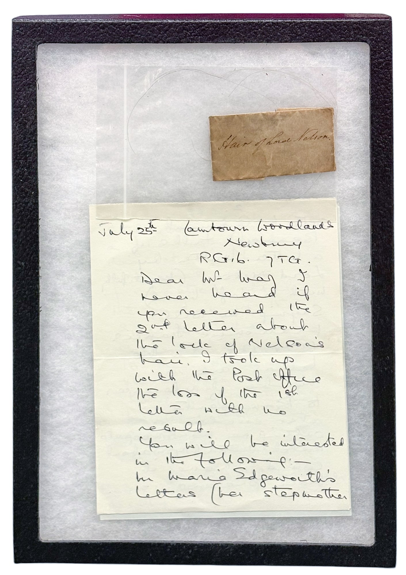 Admiral Nelson Strands of Hair and Framed Letter: Admiral Nelson Strands of Hair and Framed Letter. Frame size 12"x8"
