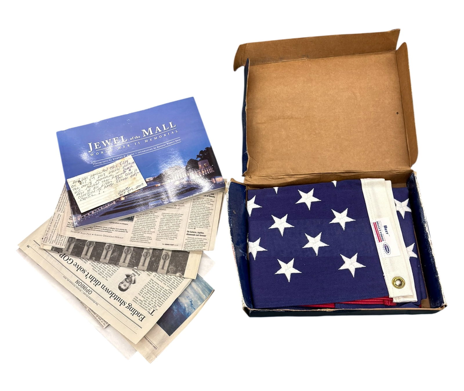 United States of America Flag with Box of Ephemera.: United States of America Flag with Box of Ephemera. Flag 60"wx33"h