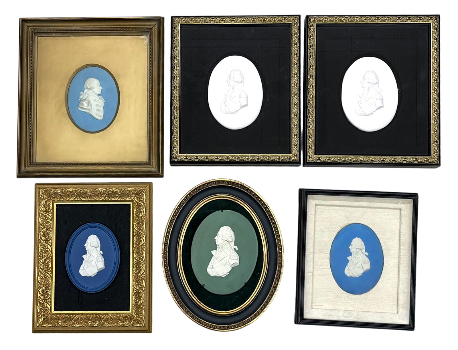 6pc Admiral Nelson and Lord Howe Wedgwood Relief Portraits: 6pc Admiral Nelson and Lord Howe Wedgwood Relief Portraits. 10"x9" largest framed.