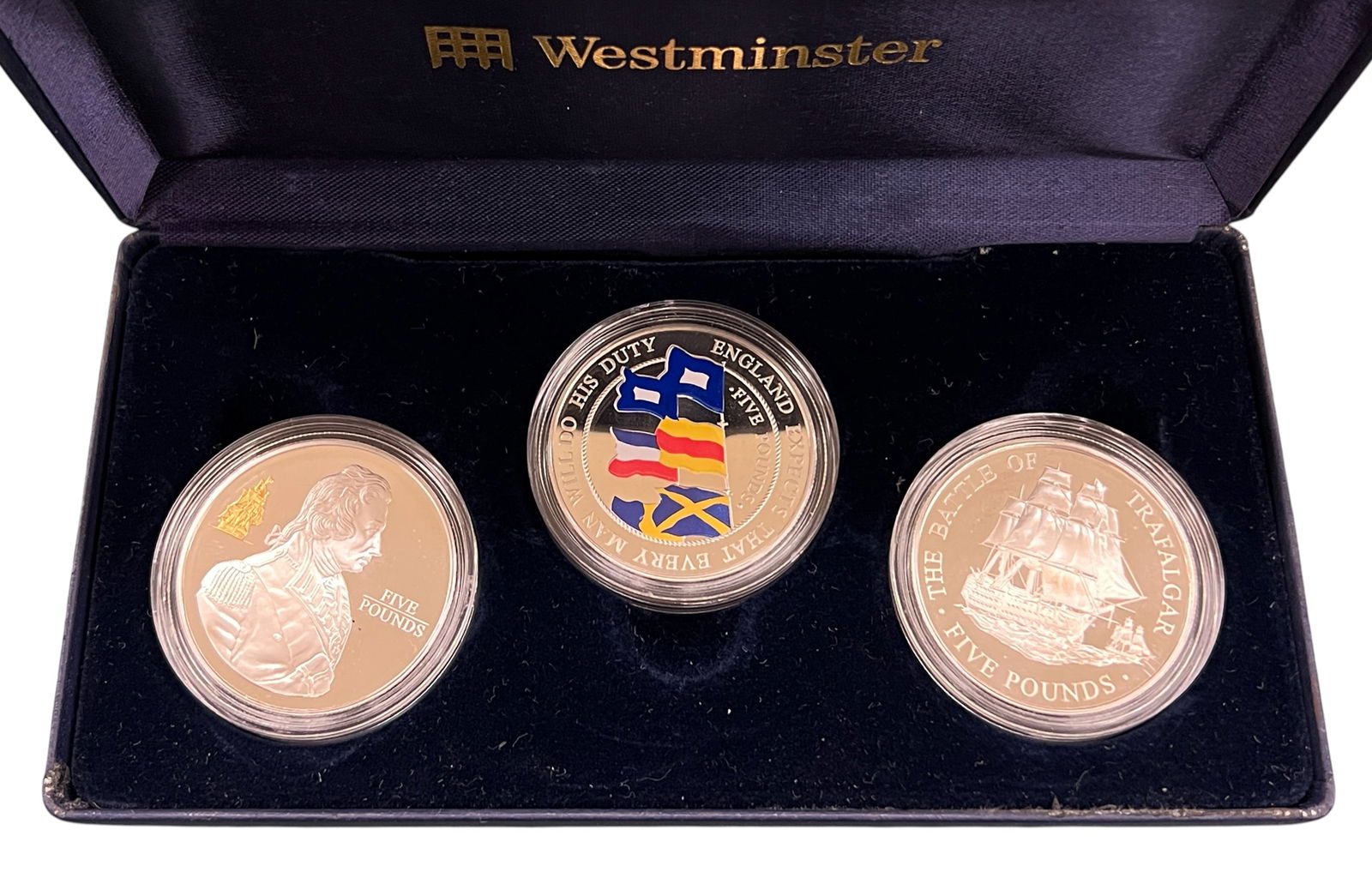 3pc Commemorative Admiral Nelson Silver Proof 5 Coins - 28.28 grams each: 3pc Commemorative Admiral Nelson Silver Proof £5 Coins - 28.28 grams each