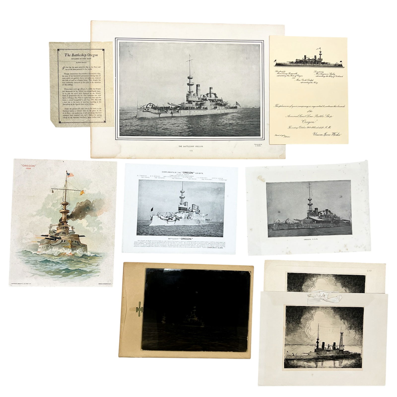 9pc USS Oregon Photographs, Prints, Etches & Glass Negative etc.: 9pc USS Oregon Photographs, Prints, Etches & Glass Negative etc.