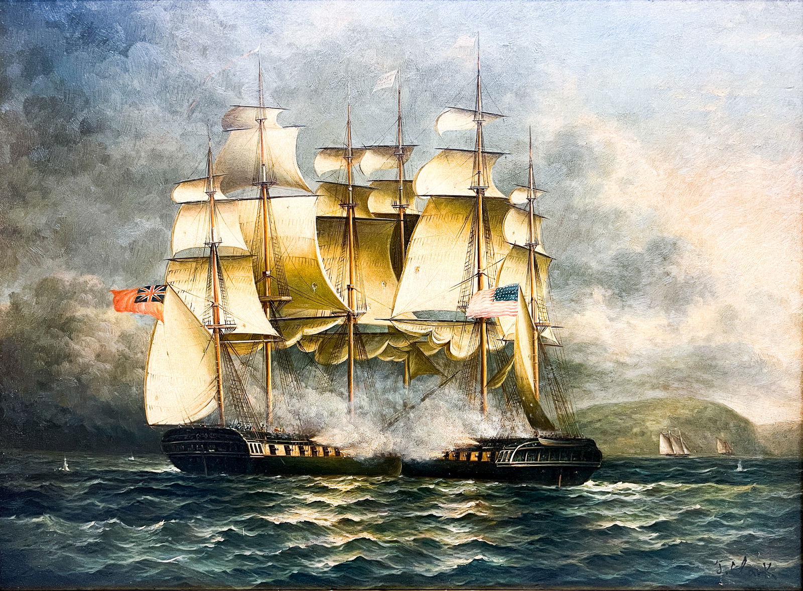 J. Clark "Naval Battle" Oil on Board: J. Clark (19th Cent. British) "Naval Battle" Oil on Board 17"x23" Image 25"x30" Framed. Signed lower right. Excellent condition, not examined outside of framing.