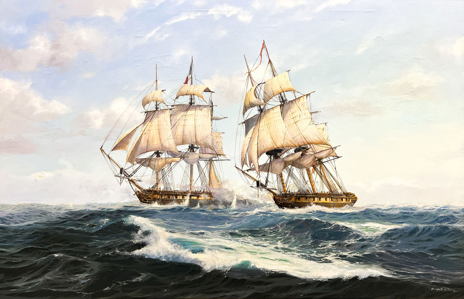 David C. Bell "Two Ships at Sea" Oil on Canvas: David C. Bell (b. 1950 British) "Two Ships at Sea" Oil on Canvas 19.5"x29" Image 24"x33.5" Framed. Signed lower right. Excellent condition, not examined outside of framing.