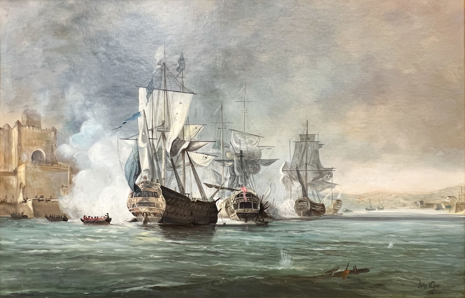 John E. Gore "Attacking the Fort" 1981 Oil on Board: John E. Gore (20th/21st Cent. English) "Attacking the Fort" 1981 Oil on Board 19"x29.5" Image 23"x33" Framed. Signed lower right. Excellent condition, not examined outside of framing.