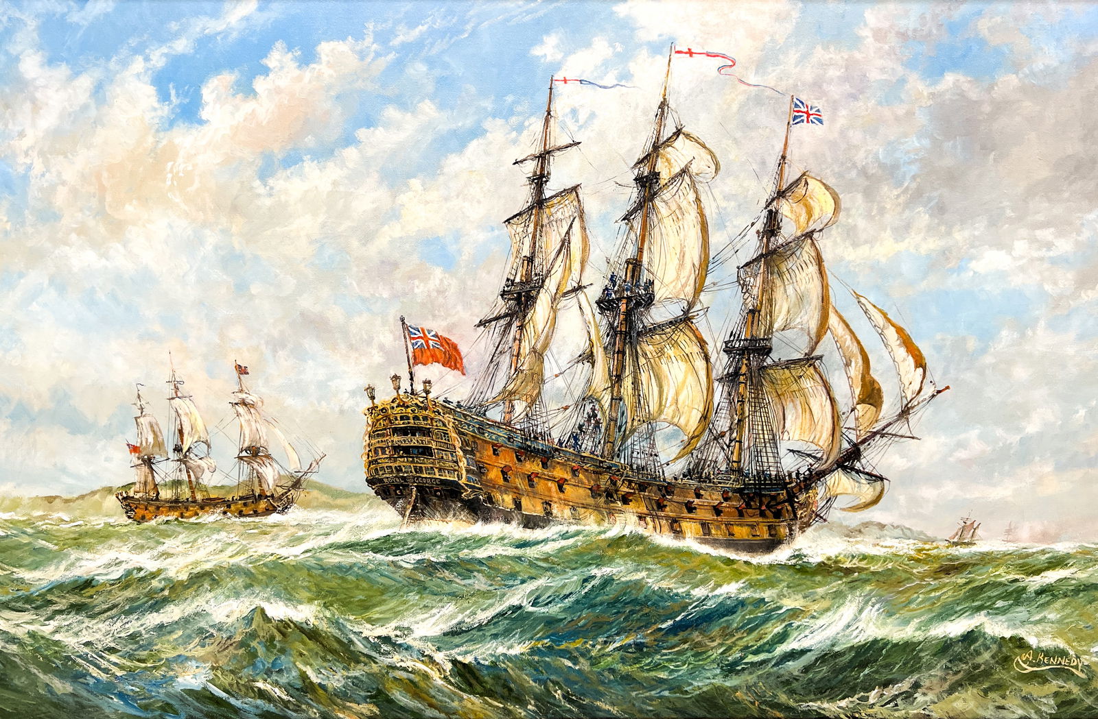 Andrew Dwight Kennedy "Sailing the Rough Sea" Oil on Canvas: Andrew Dwight Kennedy (1862-1933 American) "Sailing the Rough Sea" Oil on Canvas 23.5"x35" Image 28"x40" Framed. Signed lower right. Excellent condition, not examined outside of framing.