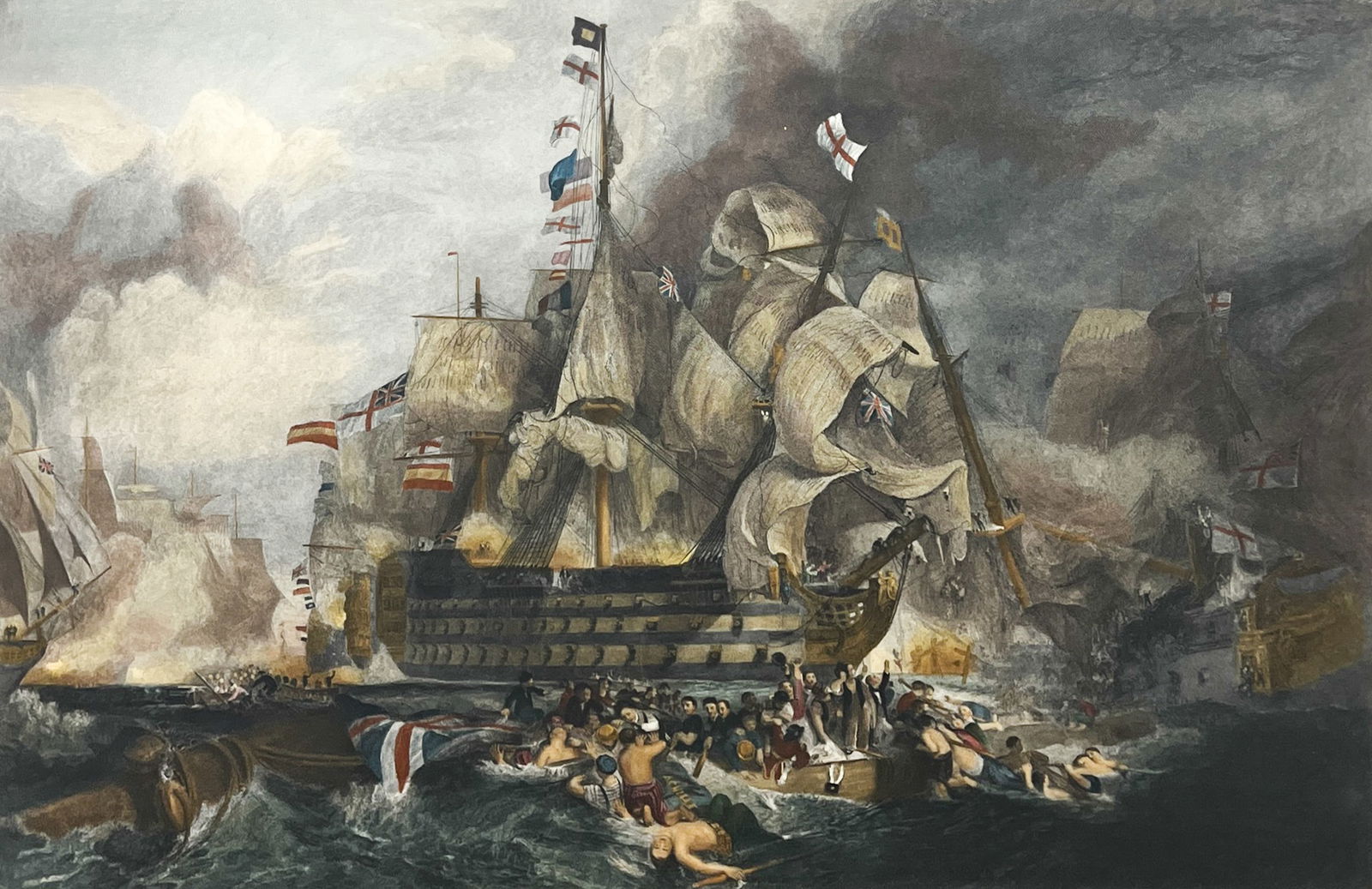 "Nelson's Ship The Victory in the Battle of Trafalgar" Engraving: "Nelson's Ship The Victory in the Battle of Trafalgar" Engraving 26.5"x36" Image 37"x45.5" Framed. Engraved by John Burnet based on the original painting by J.M.W. Turner. Excellent condition, not exa