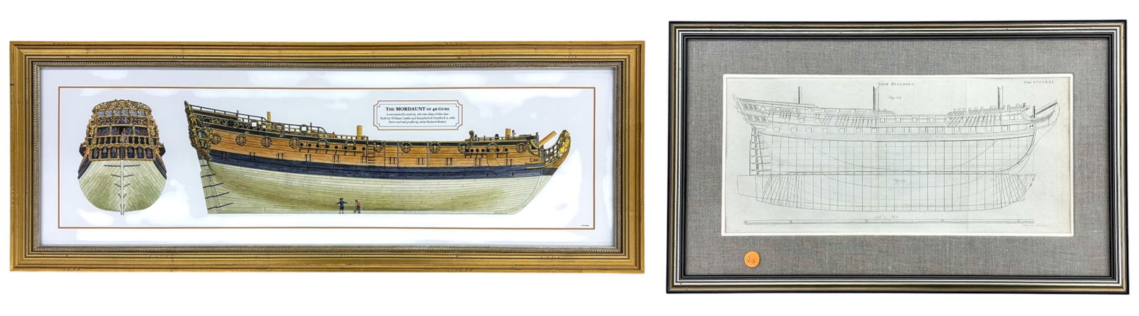 2pc Ship Engraving and Print: 2pc Ship Engraving and Print 14"x35" Largest Framed