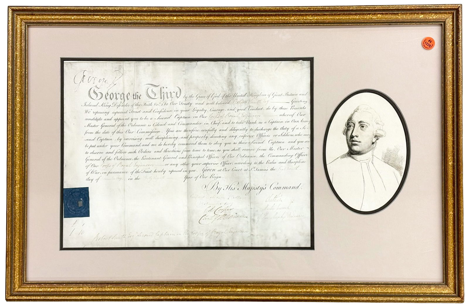 King George III Document & Original Drawing: King George III Document & Original Drawing 18"x27" Framed. Document has several signatures, but does not appear to be signed by King George III. The artist of the drawing is unknown.